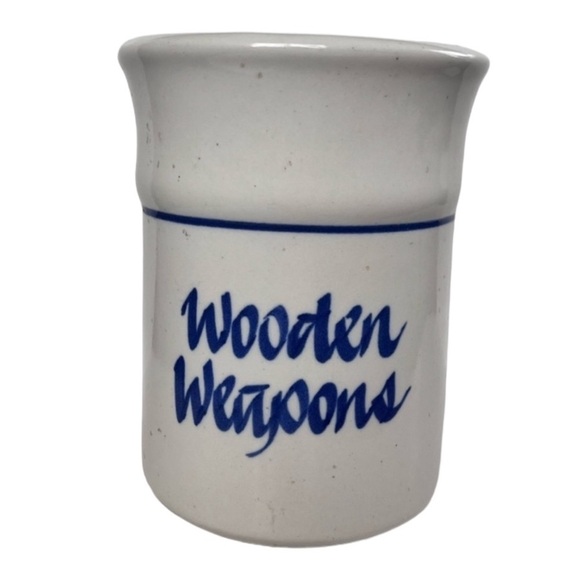 Vintage Crock Wooden Spoons Utensils Blue Cream - Picture 1 of 6